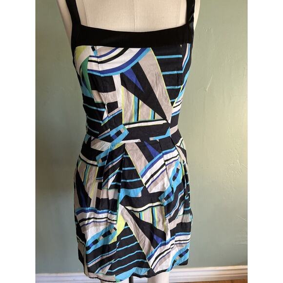 2B Bebe Blue Neon Green Geometric Dress Strapless Size Small - Picture 1 of 5